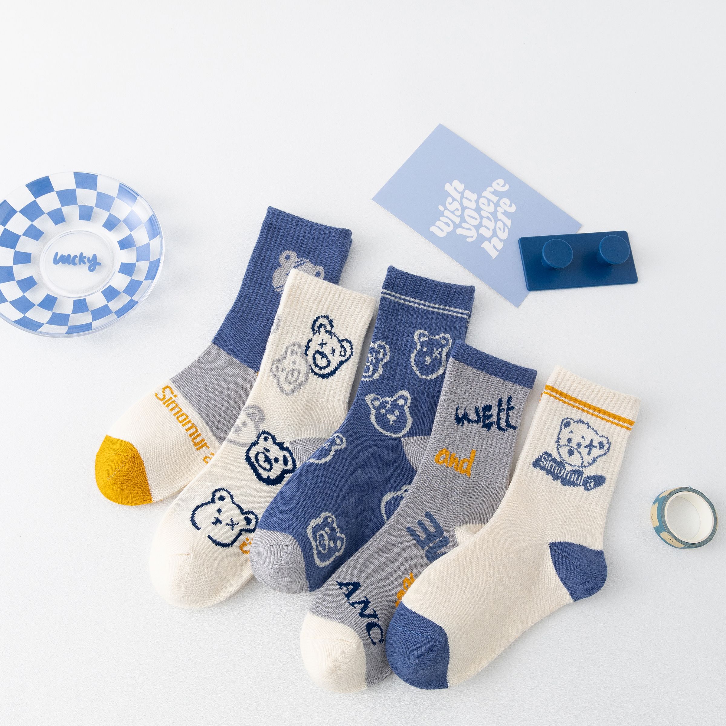 5-pack Toddler/kids mid-calf socks with cartoon bear pattern