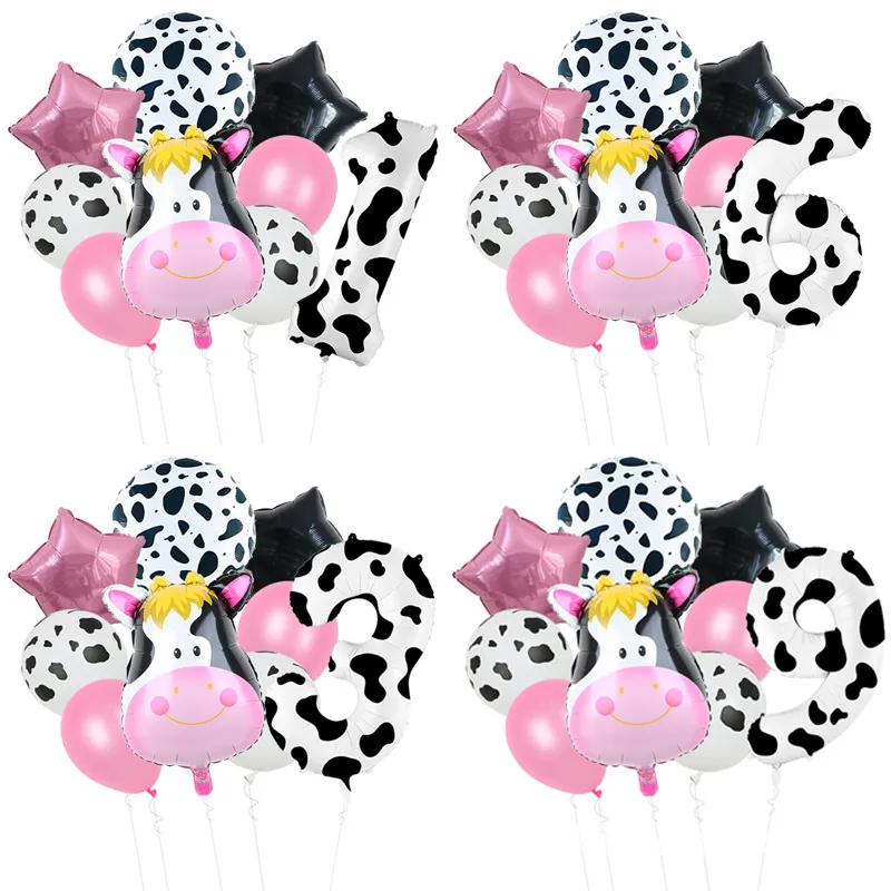 9 Piece Birthday Party Pink Cow Print Latex Balloon Set with Foil Balloons Pink big image 1