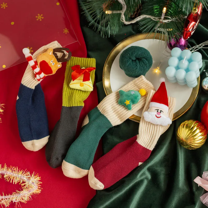 Toddler/kids Christmas Cartoon Doll Thickened Cotton Socks Green big image 1