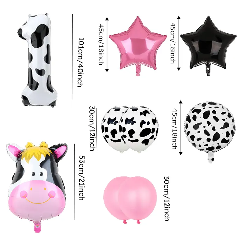 

9 Piece Birthday Party Pink Cow Print Latex Balloon Set with Foil Balloons