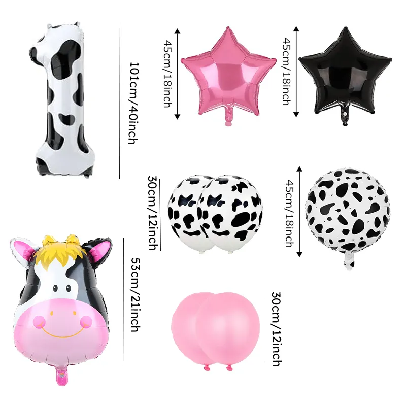 9 Piece Birthday Party Pink Cow Print Latex Balloon Set with Foil Balloons Pink big image 1