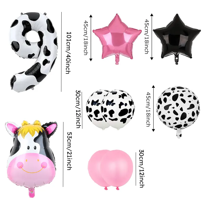 

9 Piece Birthday Party Pink Cow Print Latex Balloon Set with Foil Balloons