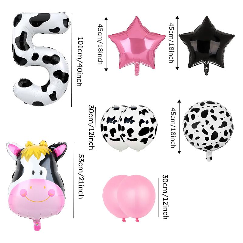 9 Piece Birthday Party Pink Cow Print Latex Balloon Set With Foil Balloons