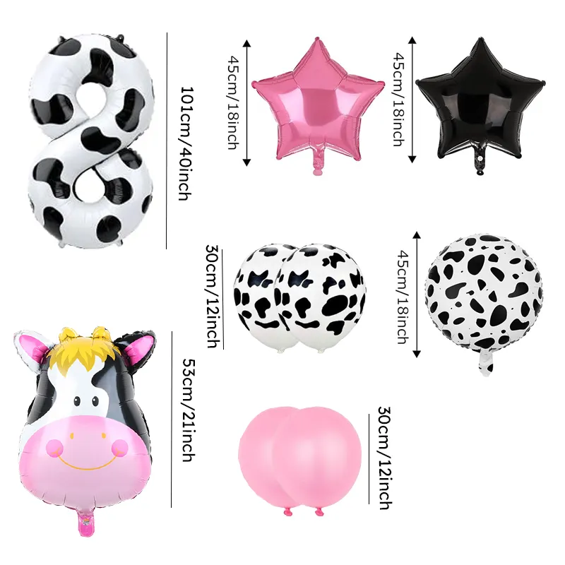 

9 Piece Birthday Party Pink Cow Print Latex Balloon Set with Foil Balloons