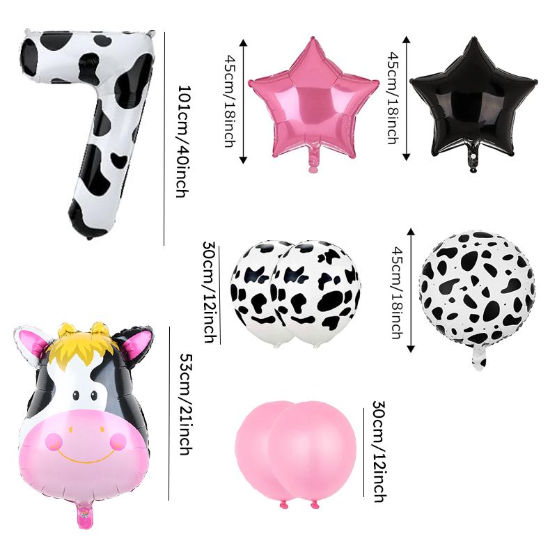 9 Piece Birthday Party Pink Cow Print Latex Balloon Set With Foil Balloons