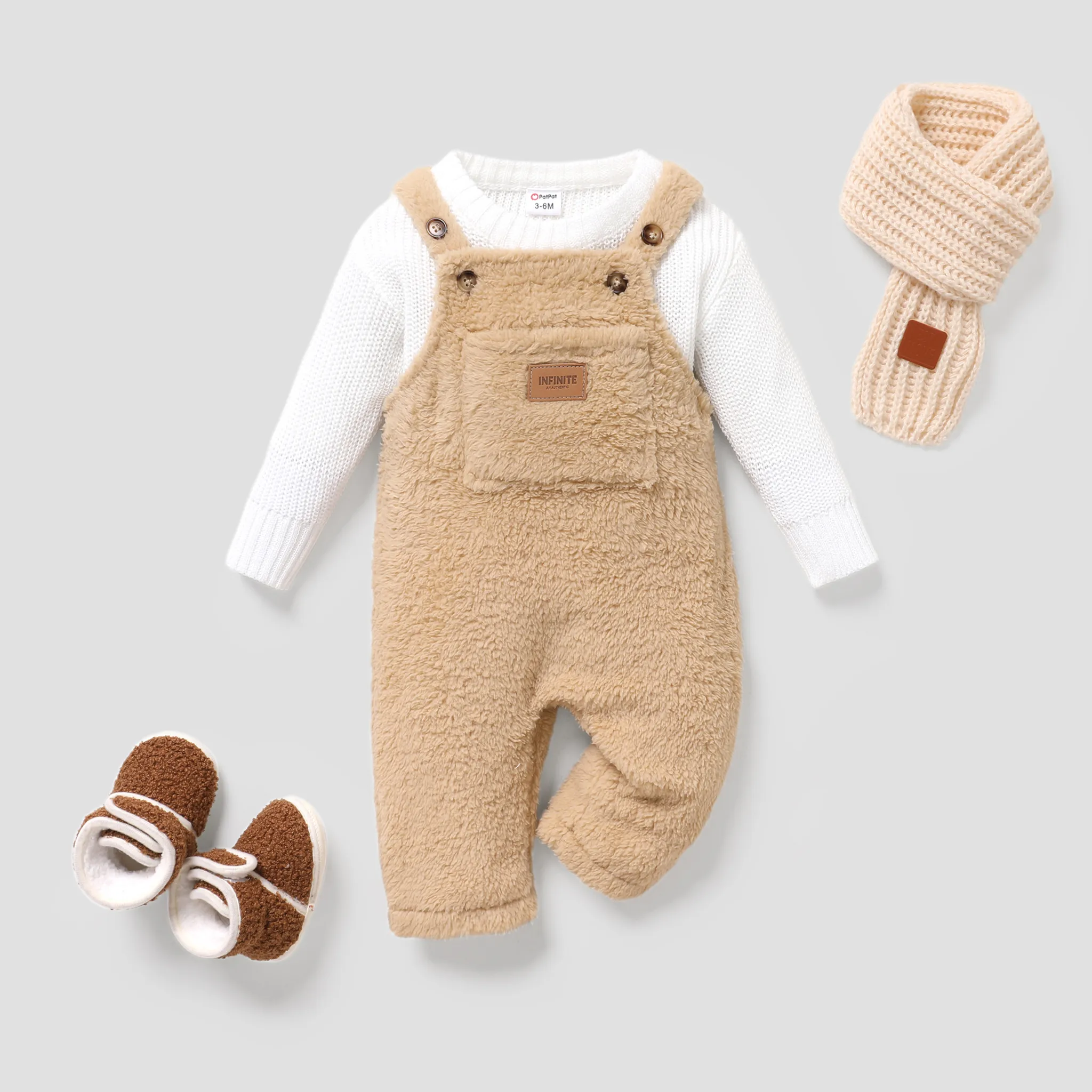 2pcs Baby Girl/Boy Casual Solid Sweater/Overalls/Scarf/Shoes/Cap