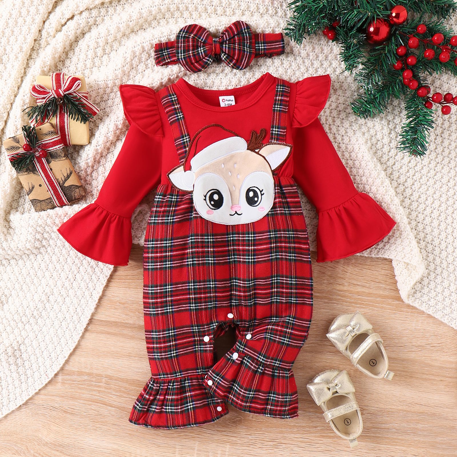 2pcs Baby Girl Christmas 3D Hyper-Tactile Deer And Plaid Pattern Cotton Jumpsuit
