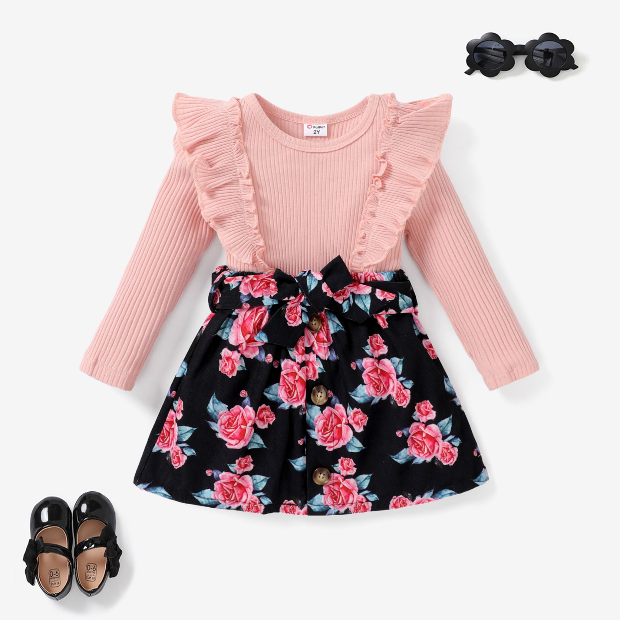 3pcs 93% Cotton Toddler Girl Ruffle Edge Big Flower Sweet Skirt Suit With Belt