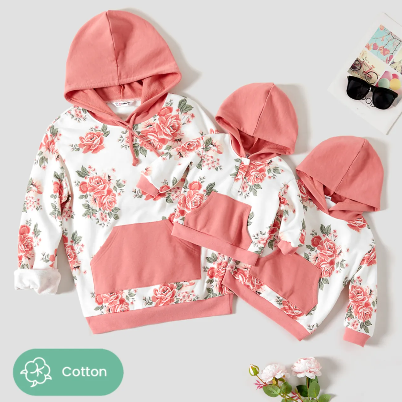 Mommy and Me Floral Allover Print Long Sleeve Pocket Hooded Tops Pink big image 1