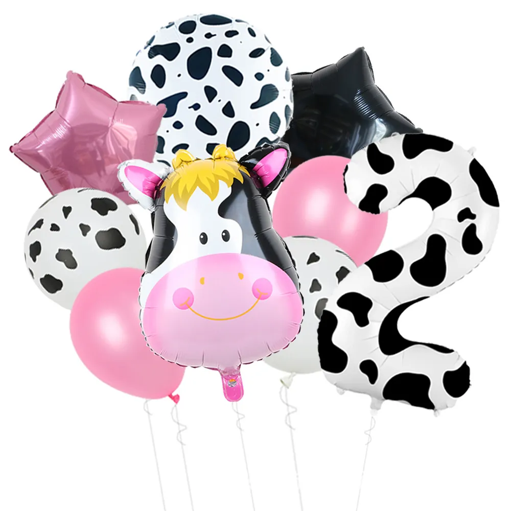 9 Piece Birthday Party Pink Cow Print Latex Balloon Set with Foil Balloons Color-A big image 1