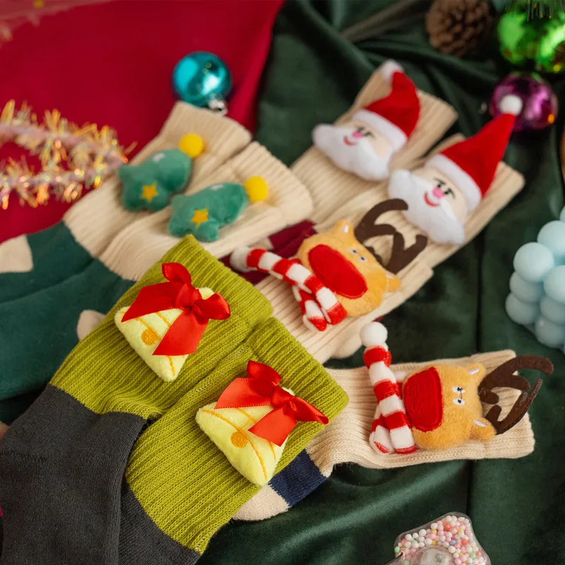 Toddler/kids Christmas Cartoon Doll Thickened Cotton Socks Green big image 1