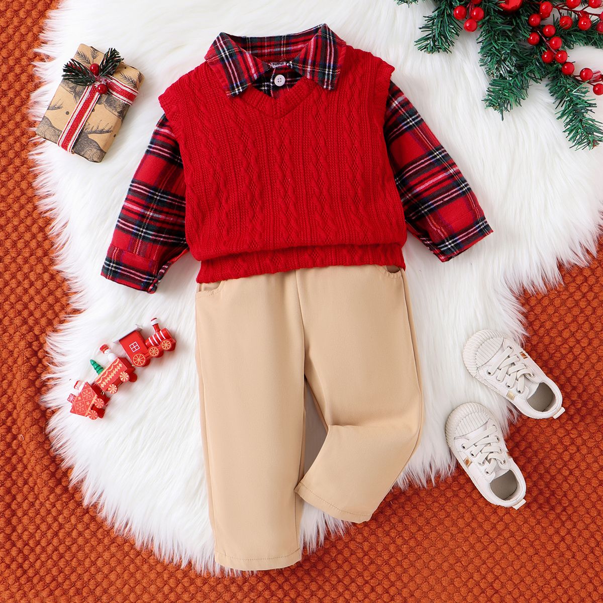 3pcs Baby Boy Christmas  Lapel Collar Grid Oversized Set