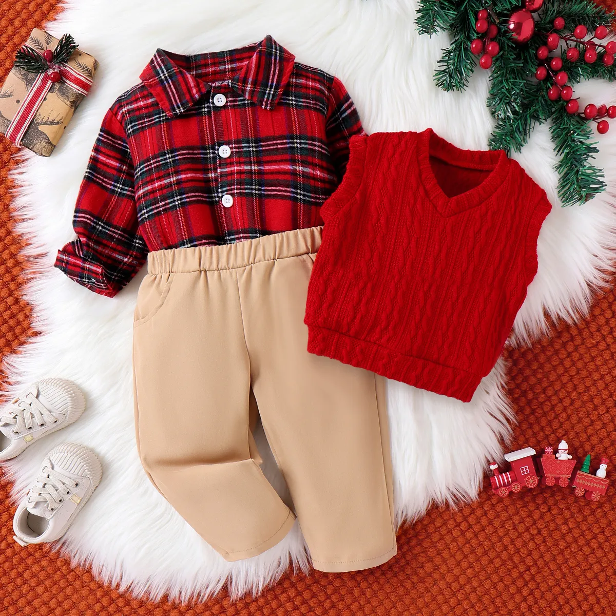 3pcs Baby Boy Christmas  Lapel Collar Grid Oversized Set Red image 2