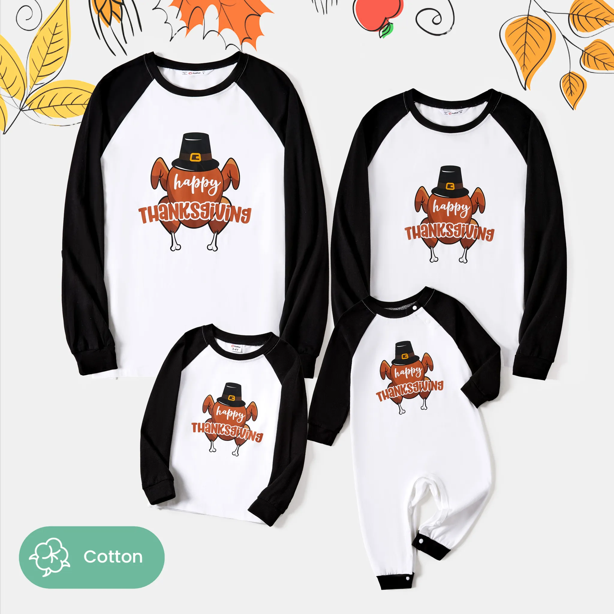 

Thanksgiving Family Matching Cotton Color-block Turkey Print Long Sleeves Tops