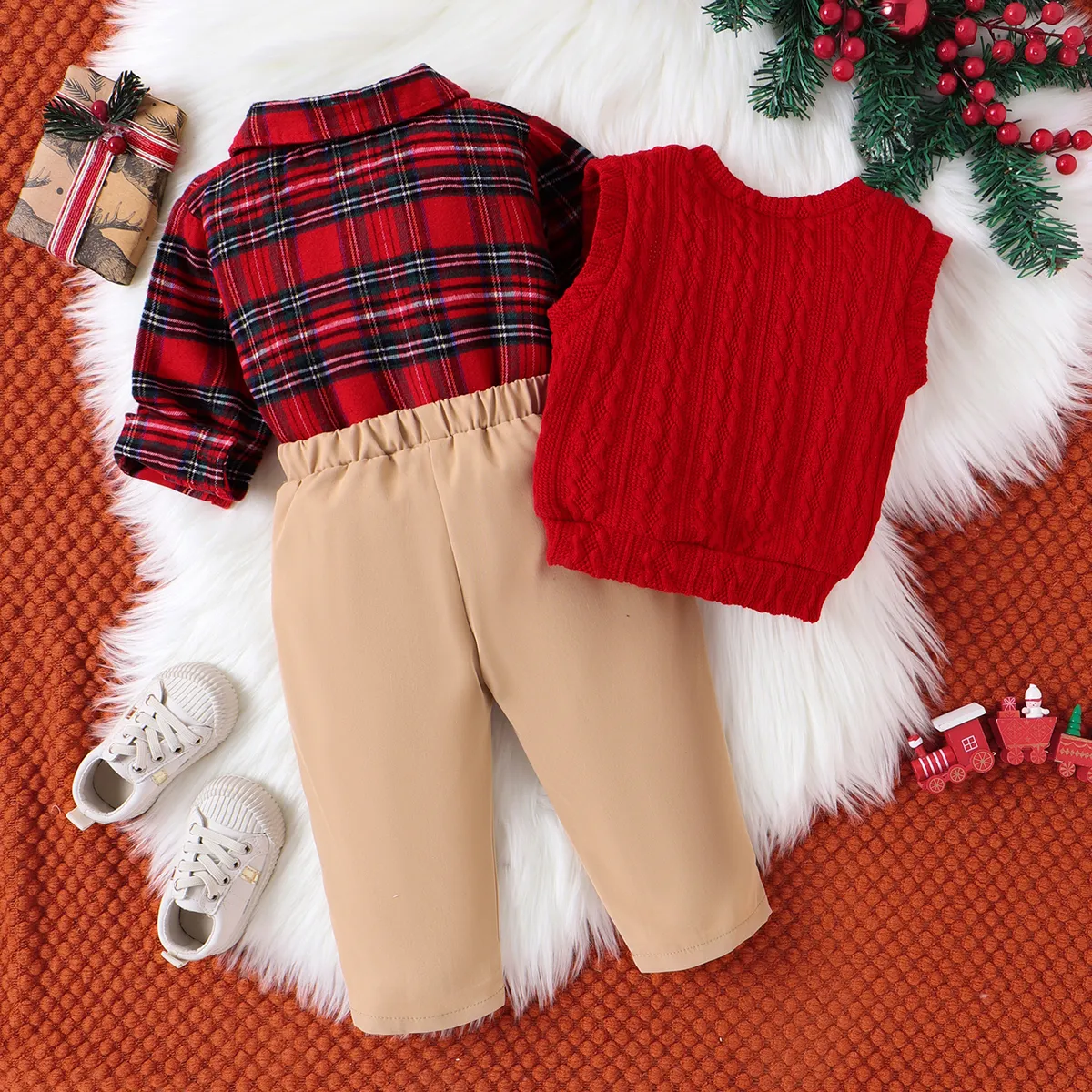 3pcs Baby Boy Christmas  Lapel Collar Grid Oversized Set Red image 6