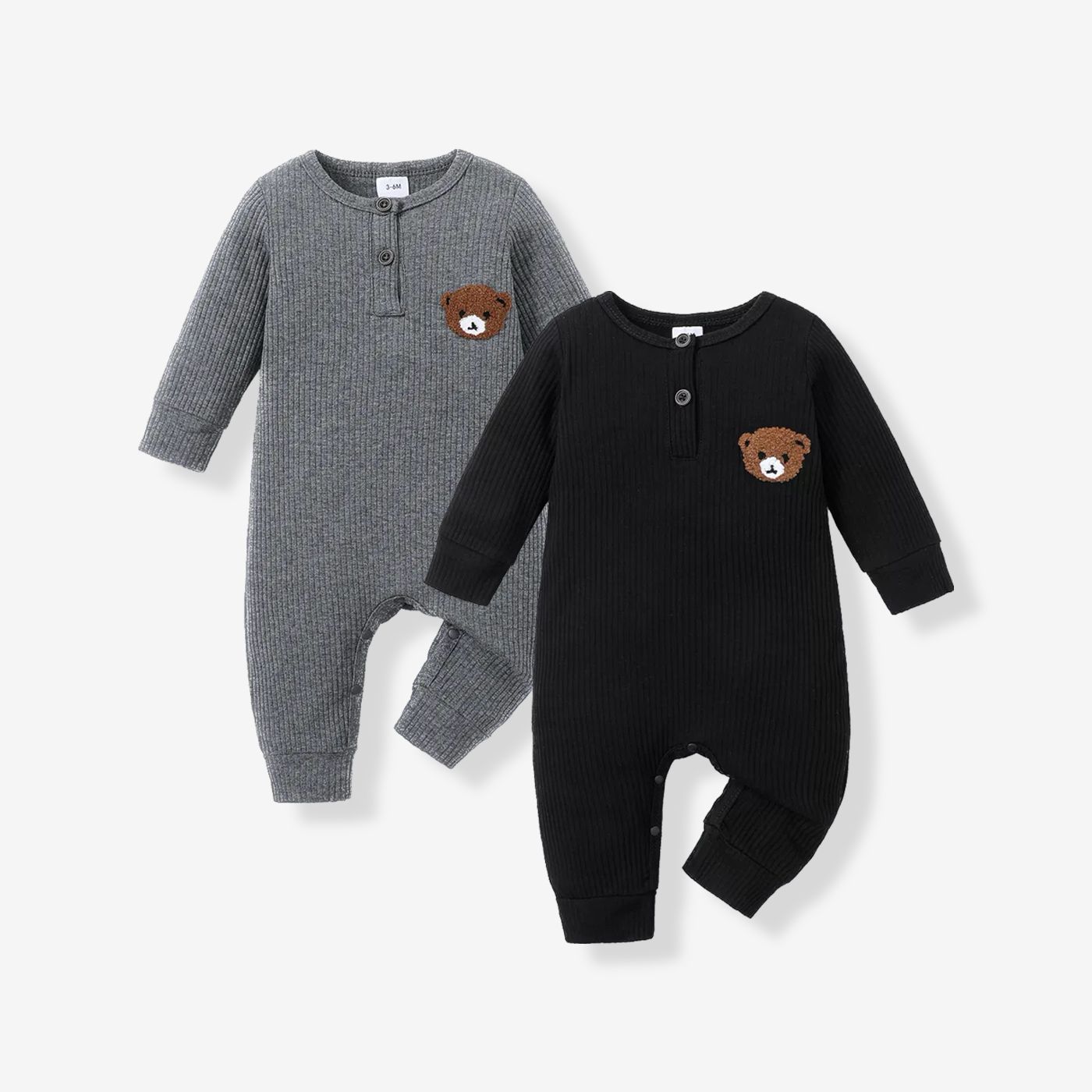 Baby Boy Bear Embroidered Cotton Ribbed Long-sleeve Jumpsuit