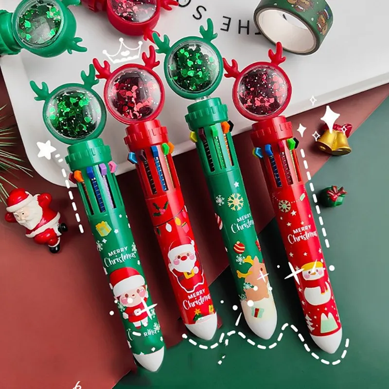 Single-Pack Christmas Cartoon Multifunctional Press Ballpoint Pen with 10 Color Options Green big image 1