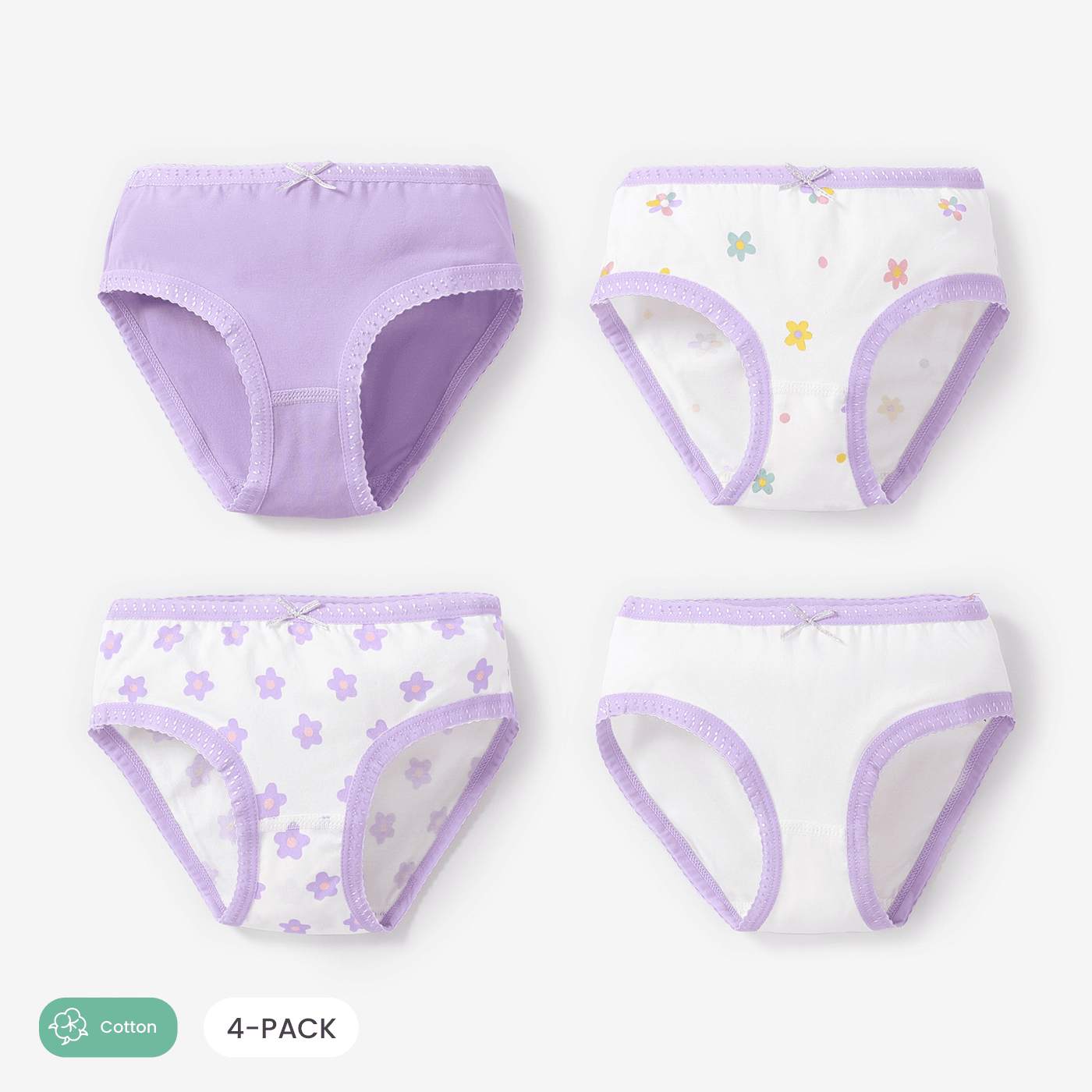 Girl's 4pcs Cotton Floral Underwear Set with Fabric Stitching - Casual Style