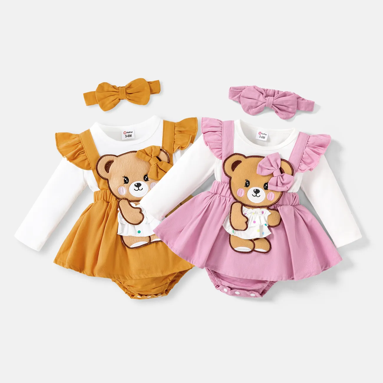2pcs Baby Girl 100% Cotton Bear Graphic Ruffle Trim Long-sleeve Faux-two Romper & Headband Set Ginger big image 1