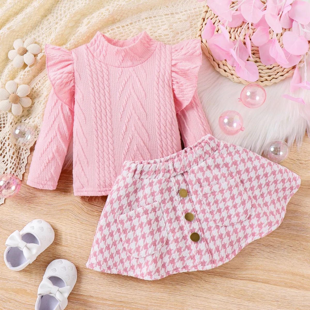 2pcs Baby Girl Sweet Grid/Houndstooth  Suit-Dress with Ruffle Edge Hot Pink image 2