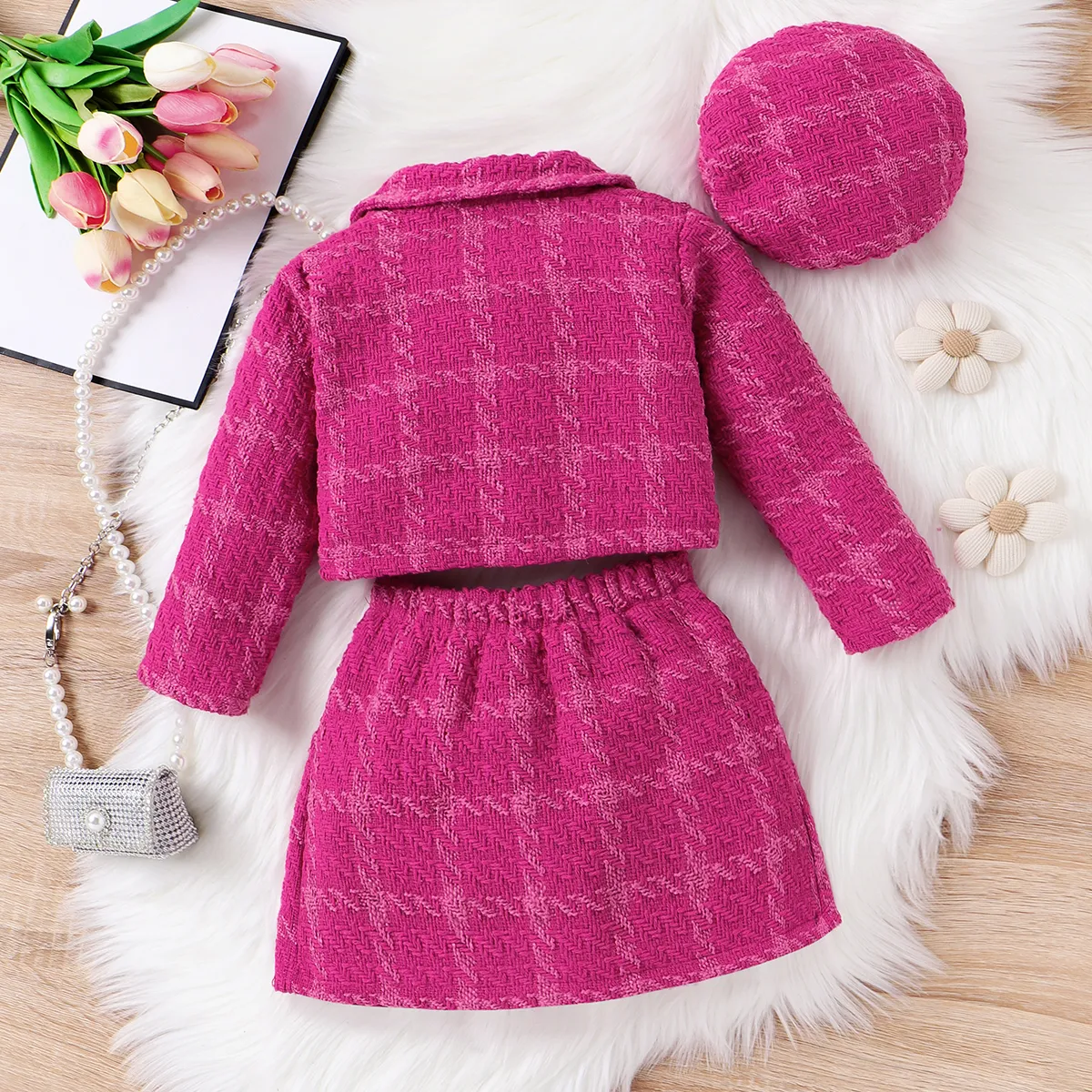 3pcsToddler Girl's Solid Color Classic Grid Houndstooth Suit Dress Set with Hat Hot Pink image 6
