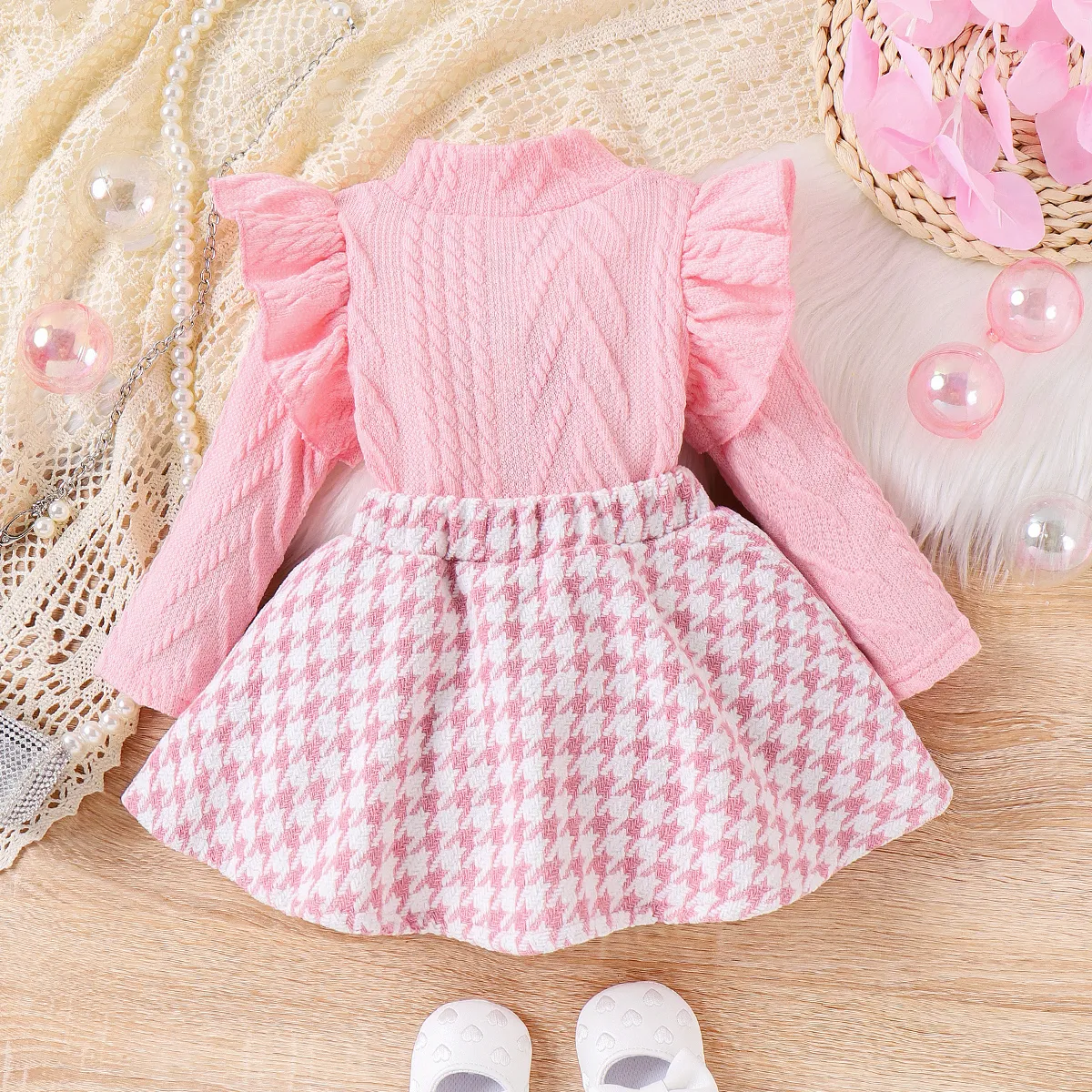 2pcs Baby Girl Sweet Grid/Houndstooth  Suit-Dress with Ruffle Edge Hot Pink image 3