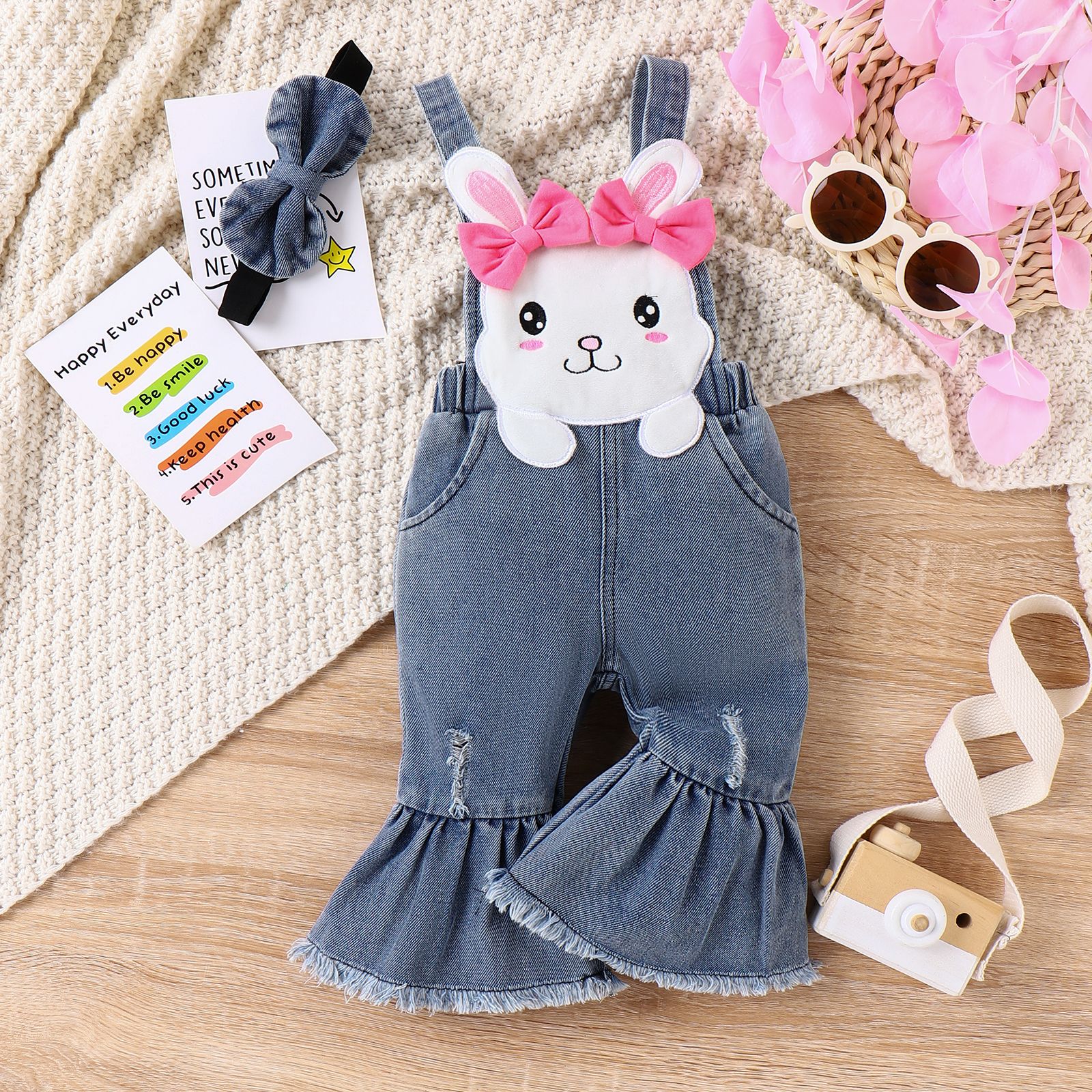 Baby Girl Ruffled Rib-knit Top And Denim 3D Bear Pattern Flared Overalls Set