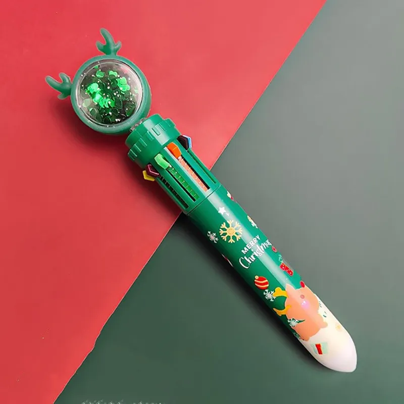 Single-Pack Christmas Cartoon Multifunctional Press Ballpoint Pen with 10 Color Options Green