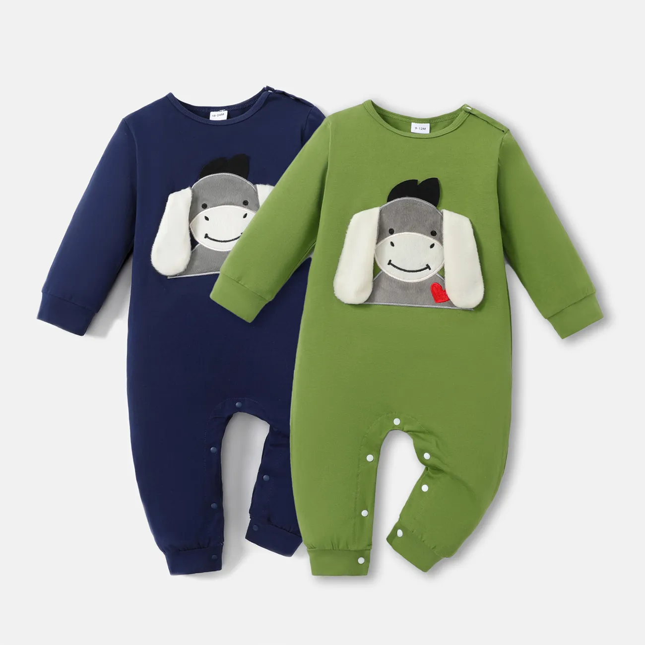 Donkey Embroidery 3D Ear Design Long-sleeve Green Baby Jumpsuit Green big image 1