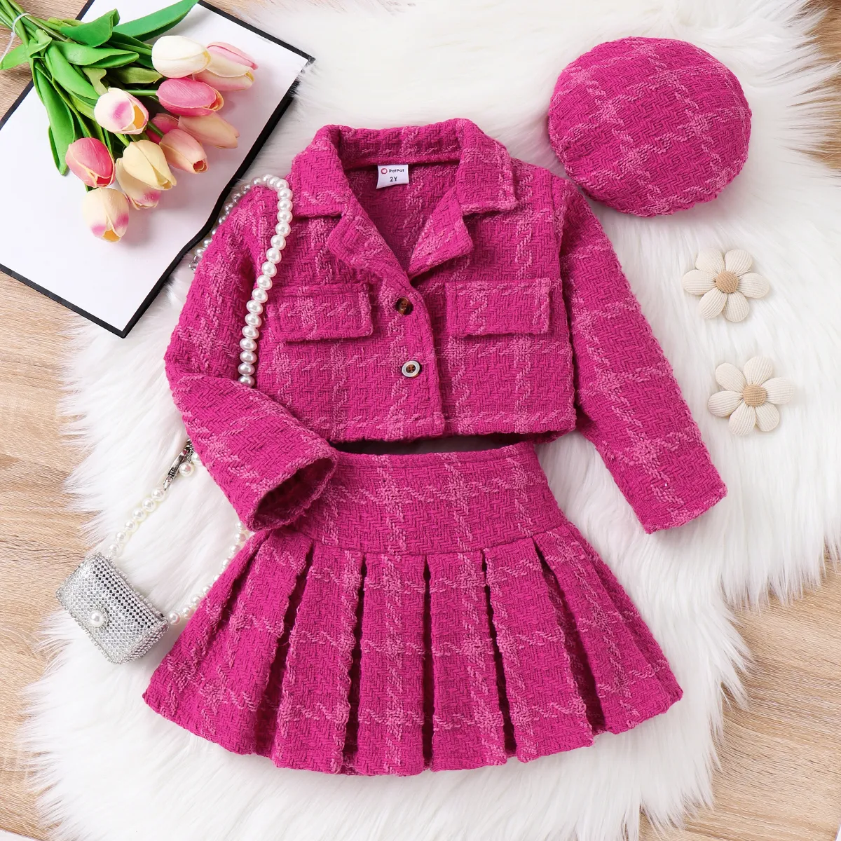 3pcsToddler Girl's Solid Color Classic Grid Houndstooth Suit Dress Set with Hat Hot Pink big image 1