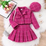 3pcsToddler Girl's Solid Color Classic Grid Houndstooth Suit Dress Set with Hat Hot Pink