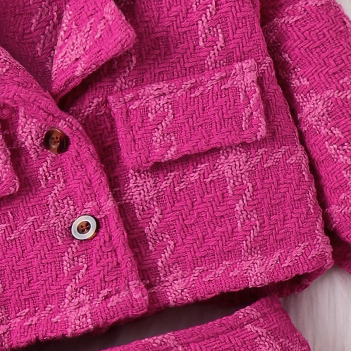 3pcsToddler Girl's Solid Color Classic Grid Houndstooth Suit Dress Set with Hat Hot Pink image 4