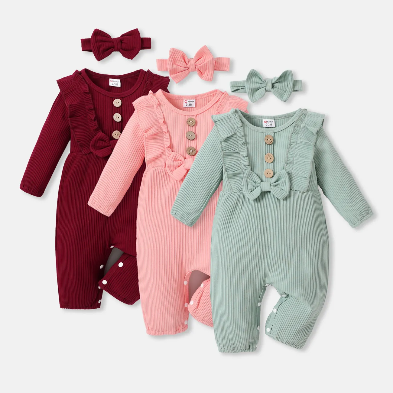 2pcs Baby Girl 95% Cotton Ribbed Long-sleeve Ruffle Bowknot Button Jumpsuit with Headband Set Green big image 1