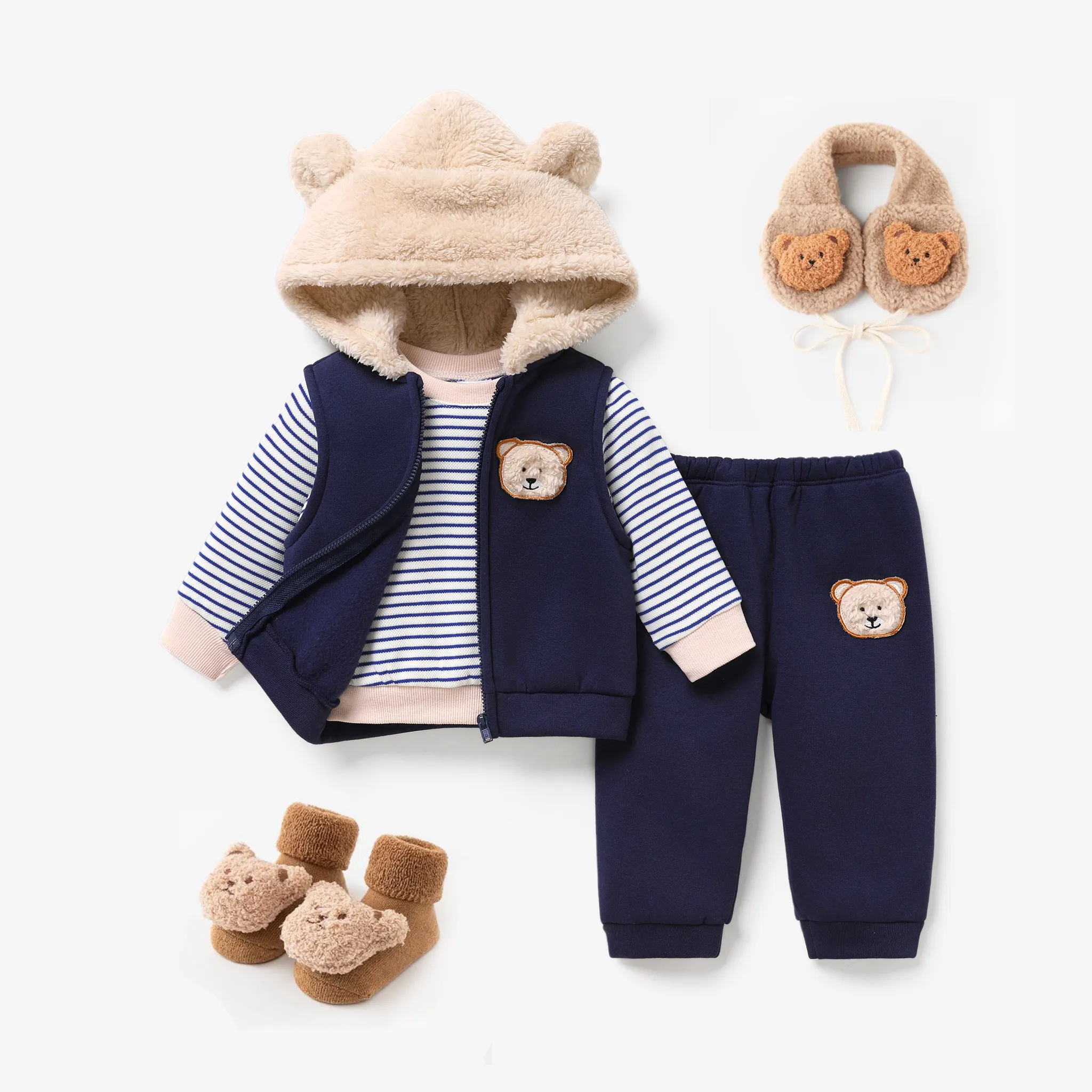 3件 嬰兒 男 連帽 熊 童趣 長袖 嬰兒套裝