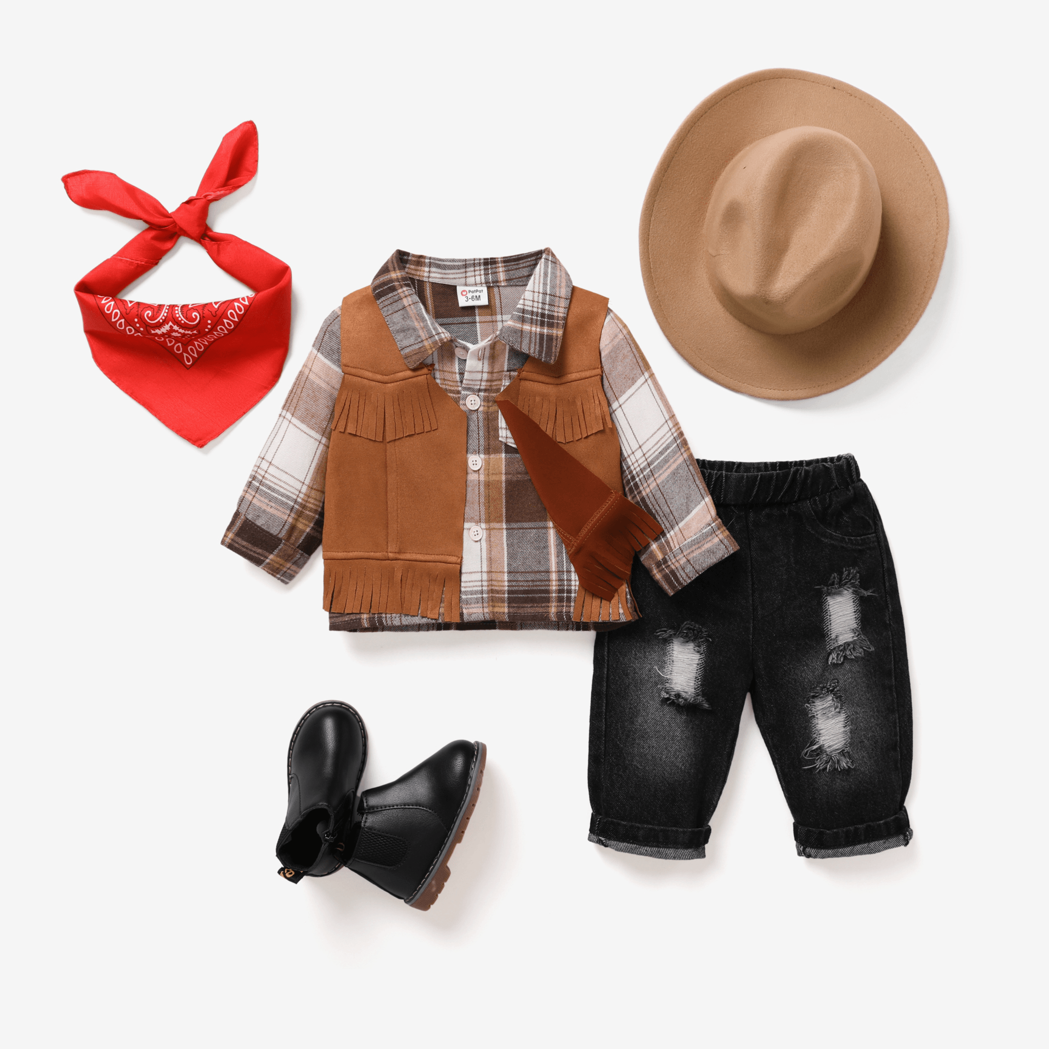 2件男嬰休閒格紋和牛仔套裝/背心/頭巾/鞋/帽子