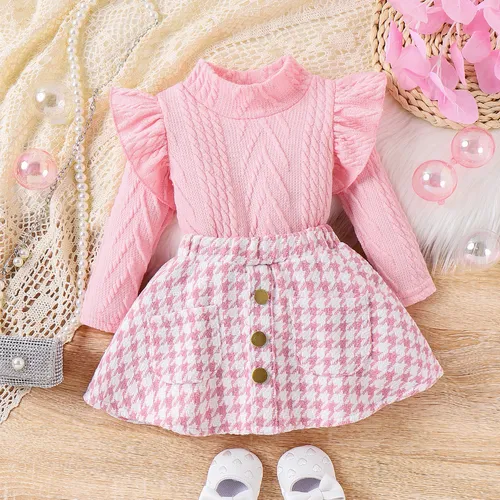 2pcs Baby Girl Sweet Grid/Houndstooth  Suit-Dress with Ruffle Edge