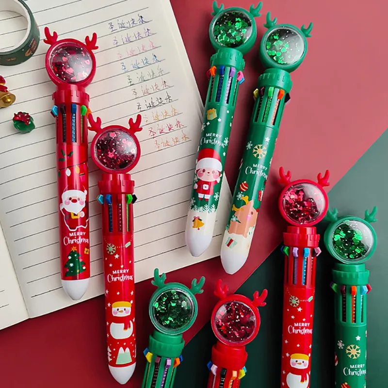 Single-Pack Christmas Cartoon Multifunctional Press Ballpoint Pen with 10 Color Options Green big image 1