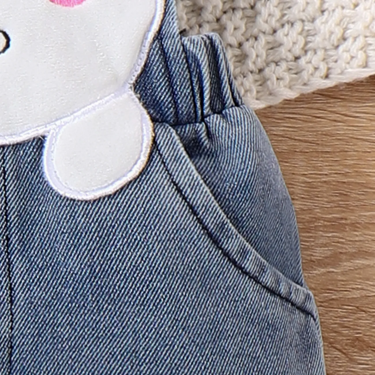 Baby Girl Ruffled Rib-knit Top and Denim 3D Bear Pattern Flared Overalls Set Light Blue big image 1