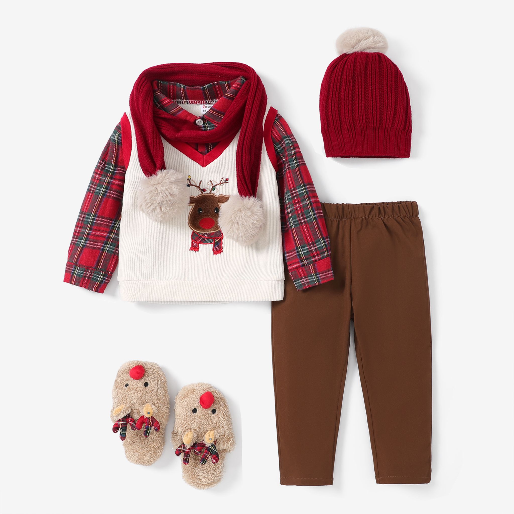 男嬰聖誕人造分層格子和鹿圖案套裝/帽子和圍巾/鞋子