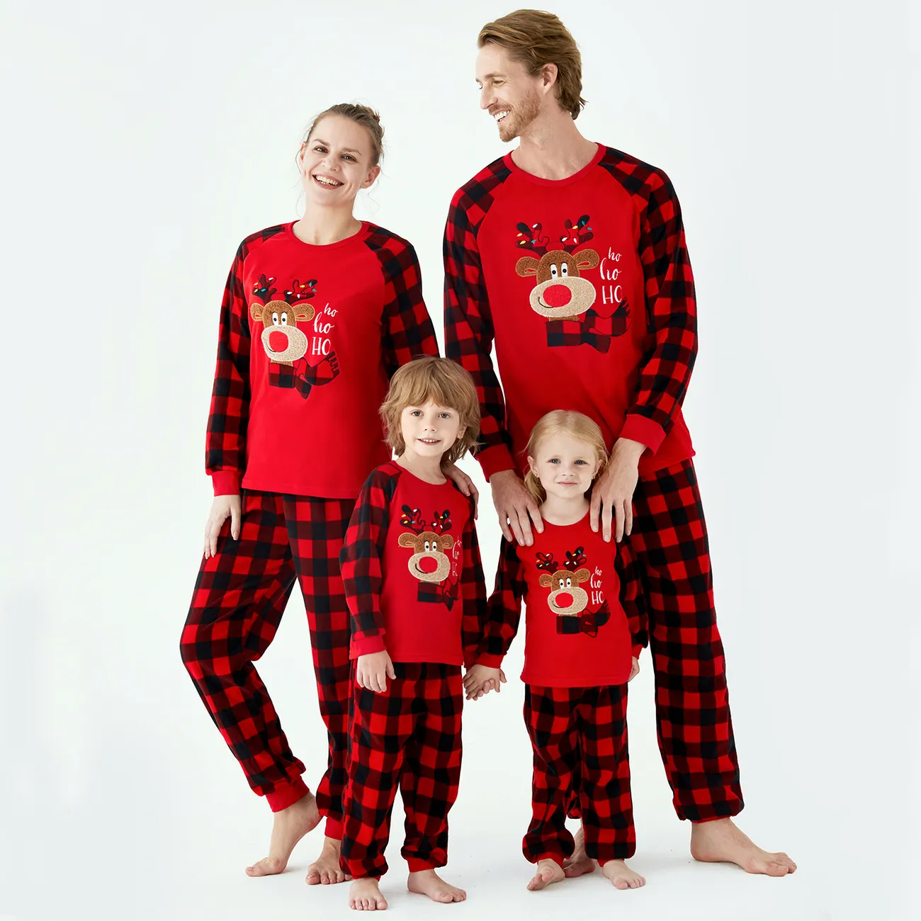 Christmas Family Matching Reindeer Embroidered Red Plaid Raglan-sleeve Thickened Polar Fleece Pajamas Sets (Flame Resistant) redblack big image 1