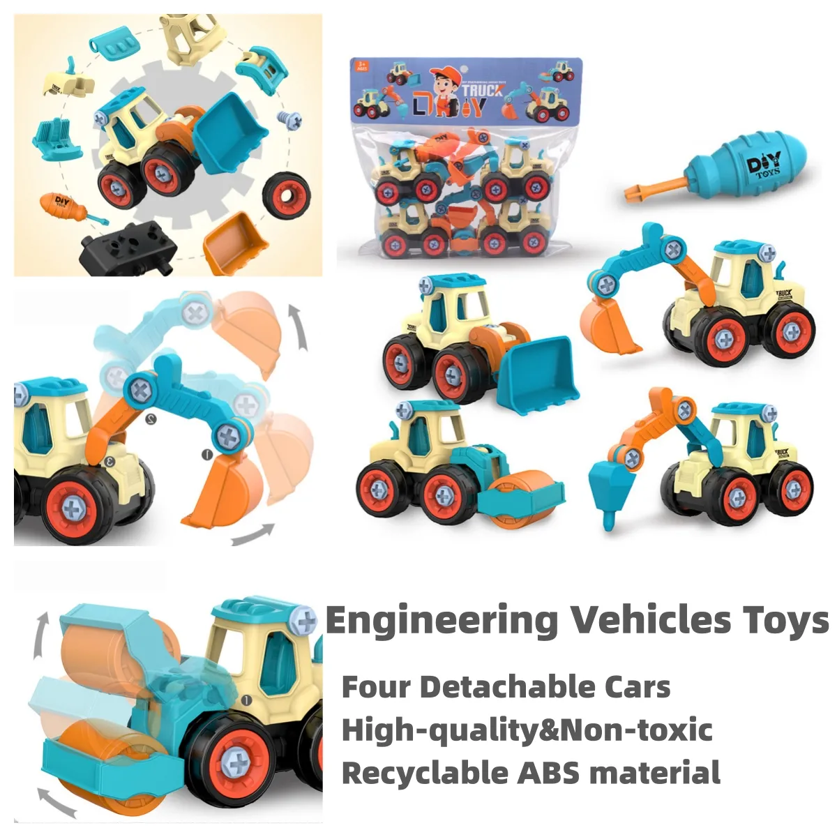 4 件裝工程車玩具男孩卡車車桿建築建築套裝教育工程車汽車玩具 彩色 big image 1
