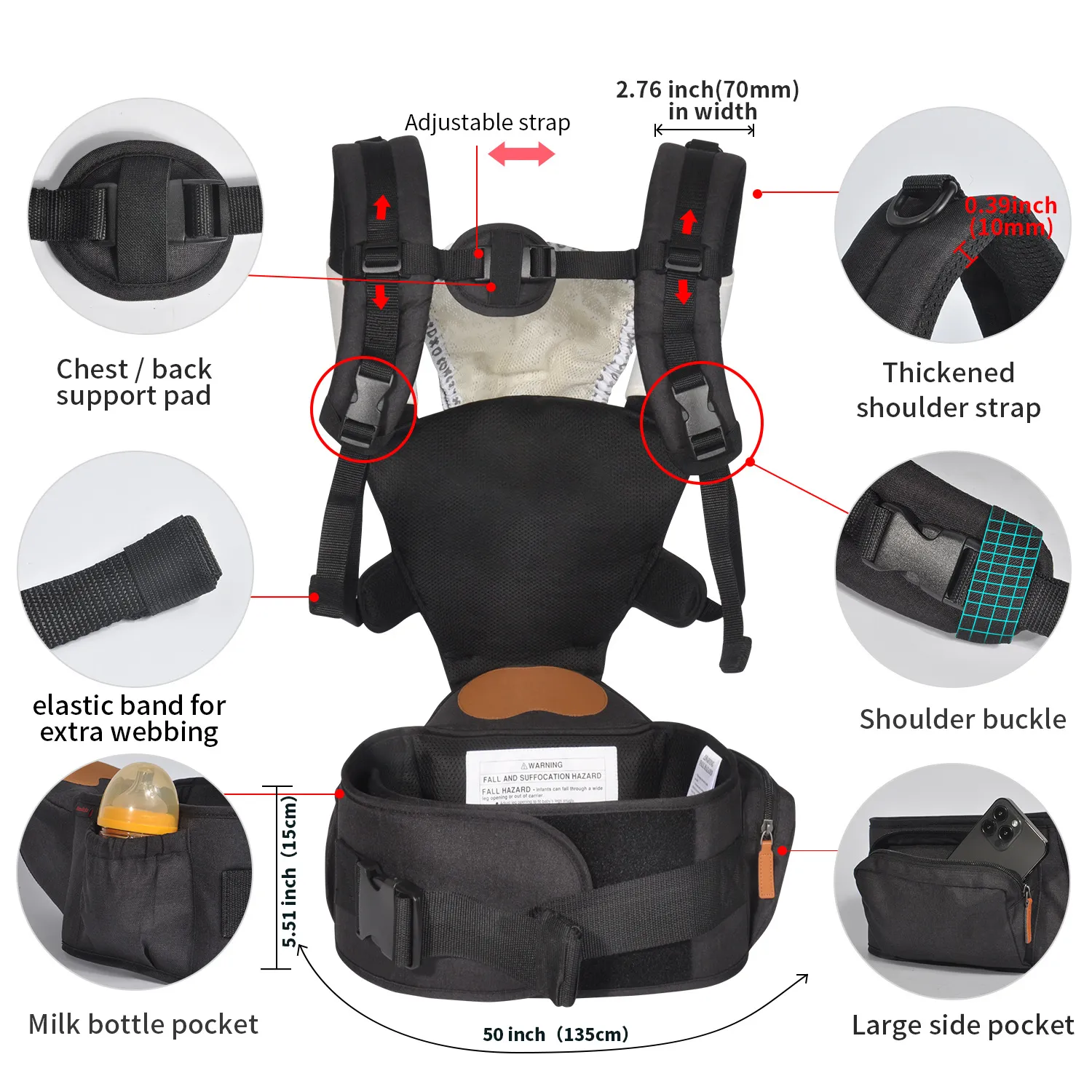 Four Seasons Multi-Functional Breathable Baby Waist Stool Carrier Backpack with Shoulder Straps Black image 6