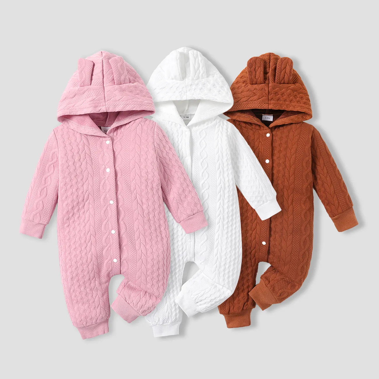 Solid Knitted Hooded Long-sleeve Pink Baby Jumpsuit Brown big image 1
