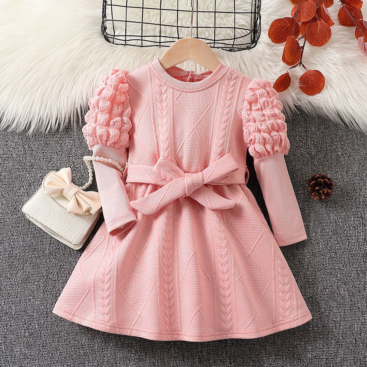 2pcs Toddler Girl Sweet Solid Color Dress With Puff Sleeves And Belt