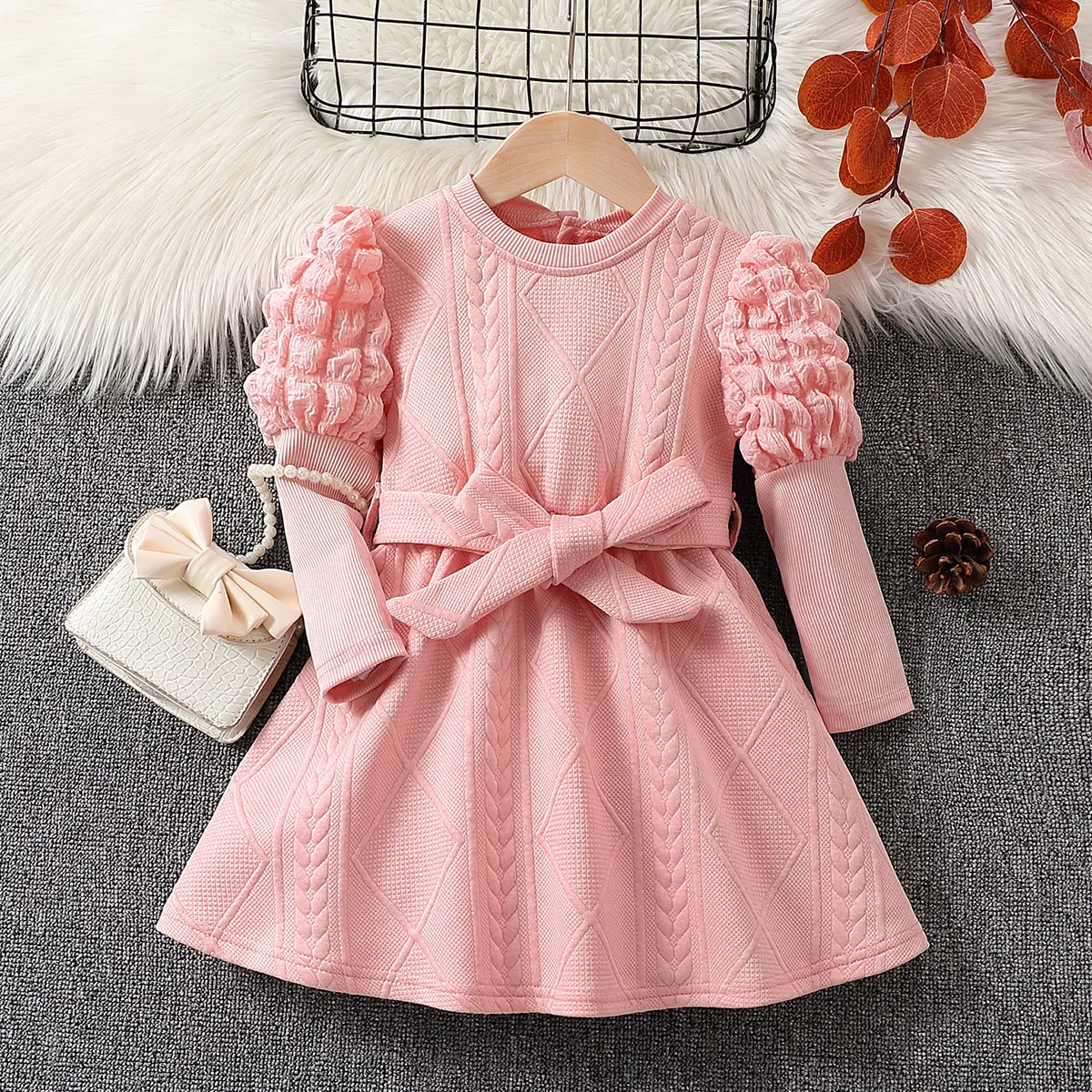 2pcs Toddler Girl Sweet Solid Color Dress with Puff Sleeves and Belt