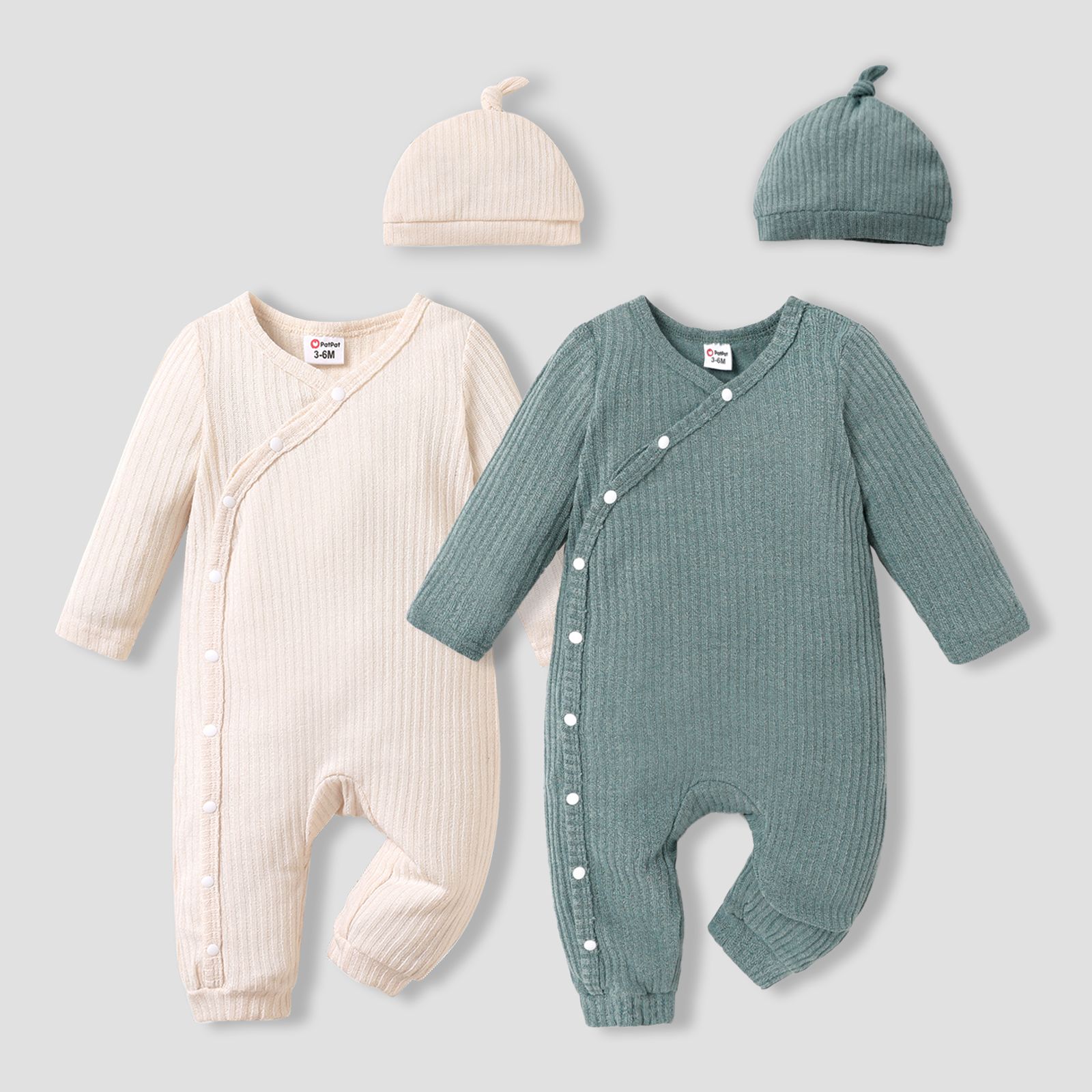 2pcs Baby Boy/Girl Solid Rib Knit Button Front Long-sleeve Jumpsuit With Hat Set