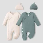 2pcs Baby Boy/Girl Solid Rib Knit Button Front Long-sleeve Jumpsuit with Hat Set  image 2