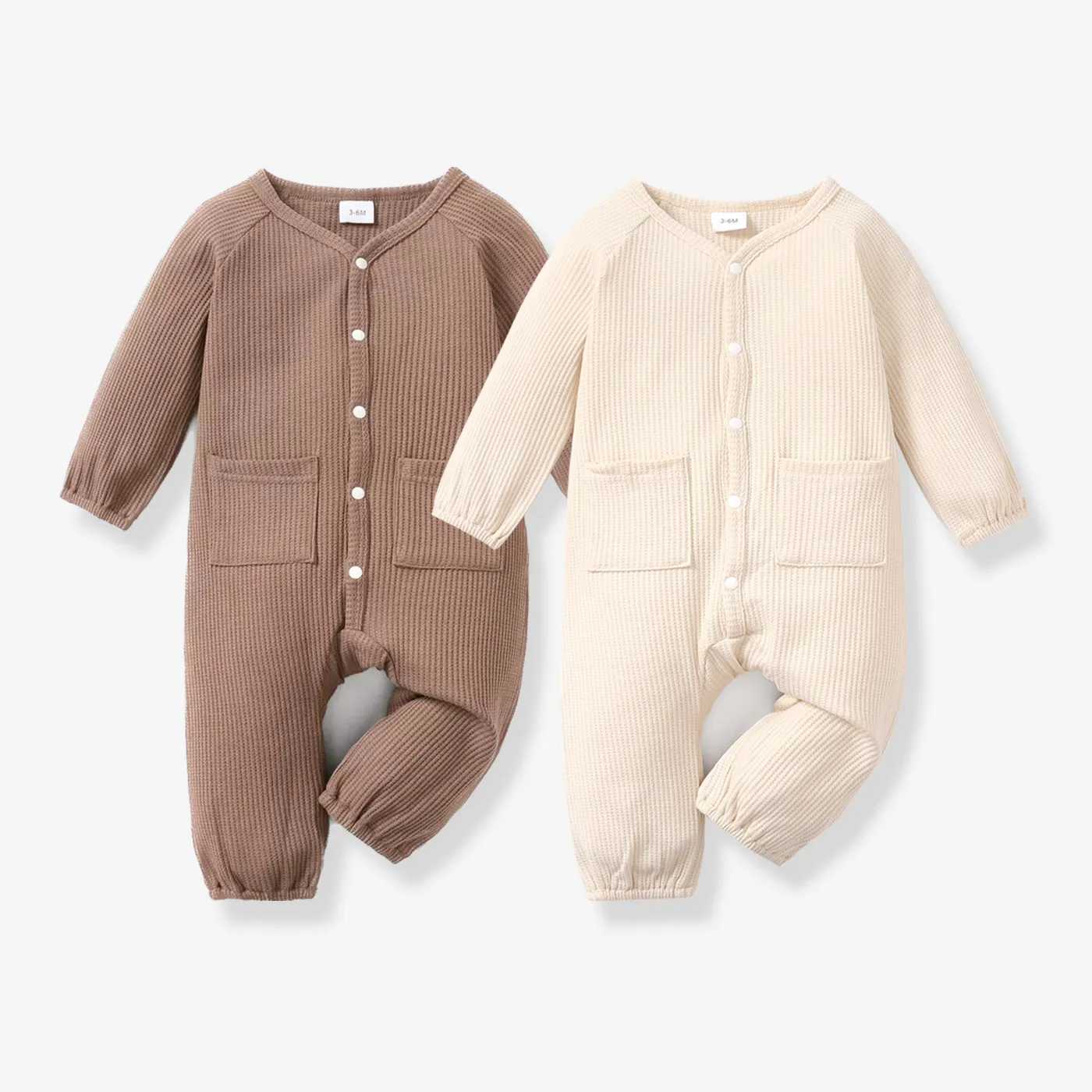

Baby Boy/Girl Solid Waffle Textured Button Front Long-sleeve Jumpsuit with Pockets