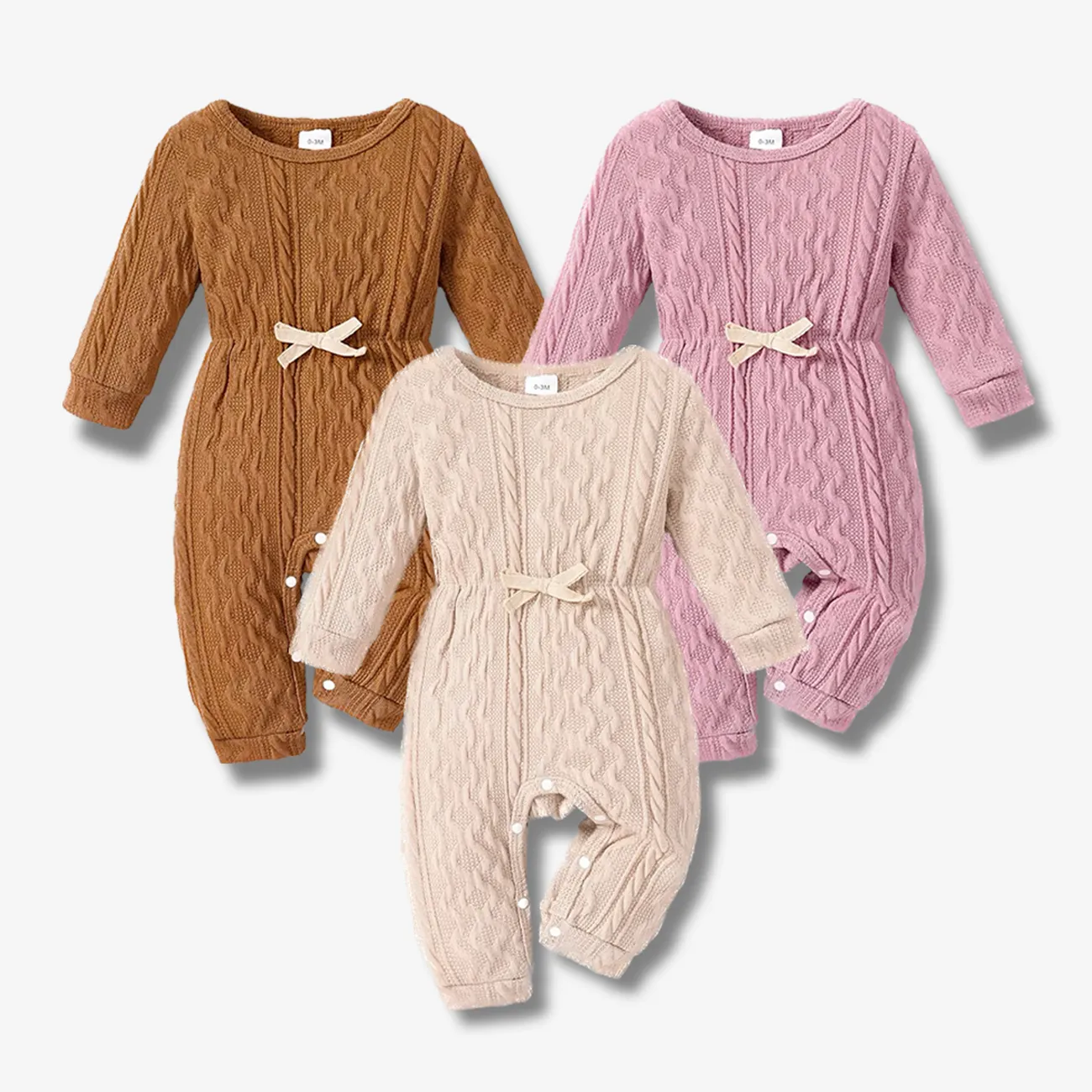 Baby Girl Solid Cable Knit Long-sleeve Snap-up Jumpsuit Pink big image 1