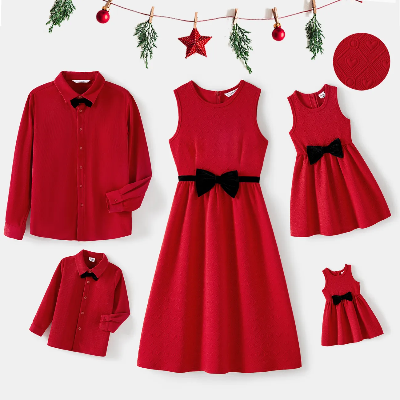 Family Matching Bow Front Red Heart Textured Tank Dresses and Long-sleeve Corduroy Shirts Sets big image 1
